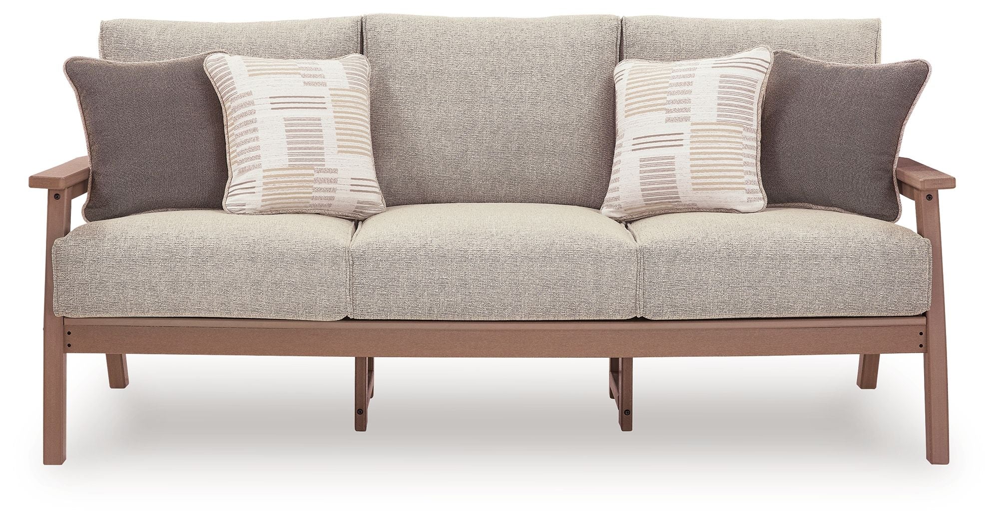 Gray outdoor sofa with three back pillows and two seat cushions