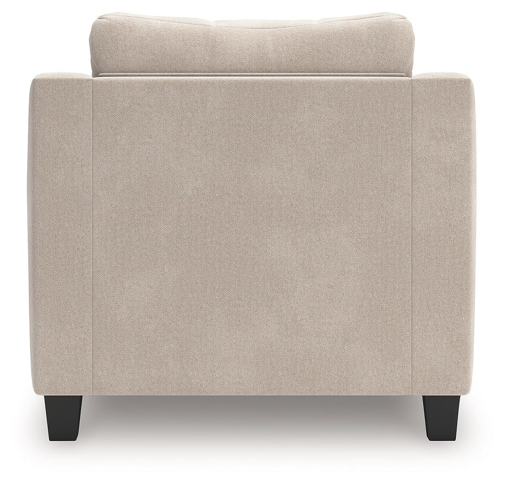 Taupe chair-and-a-half armchair back panel with padded seat, tapered black legs