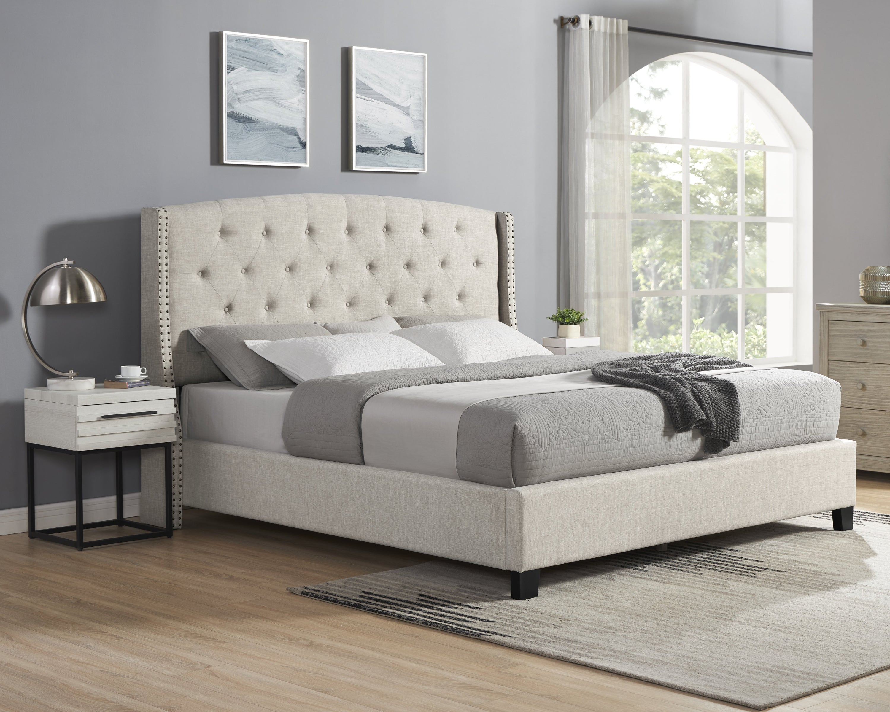 Astral 3-Piece Tufted Wingback Upholstered Bed Set & White Nightstands