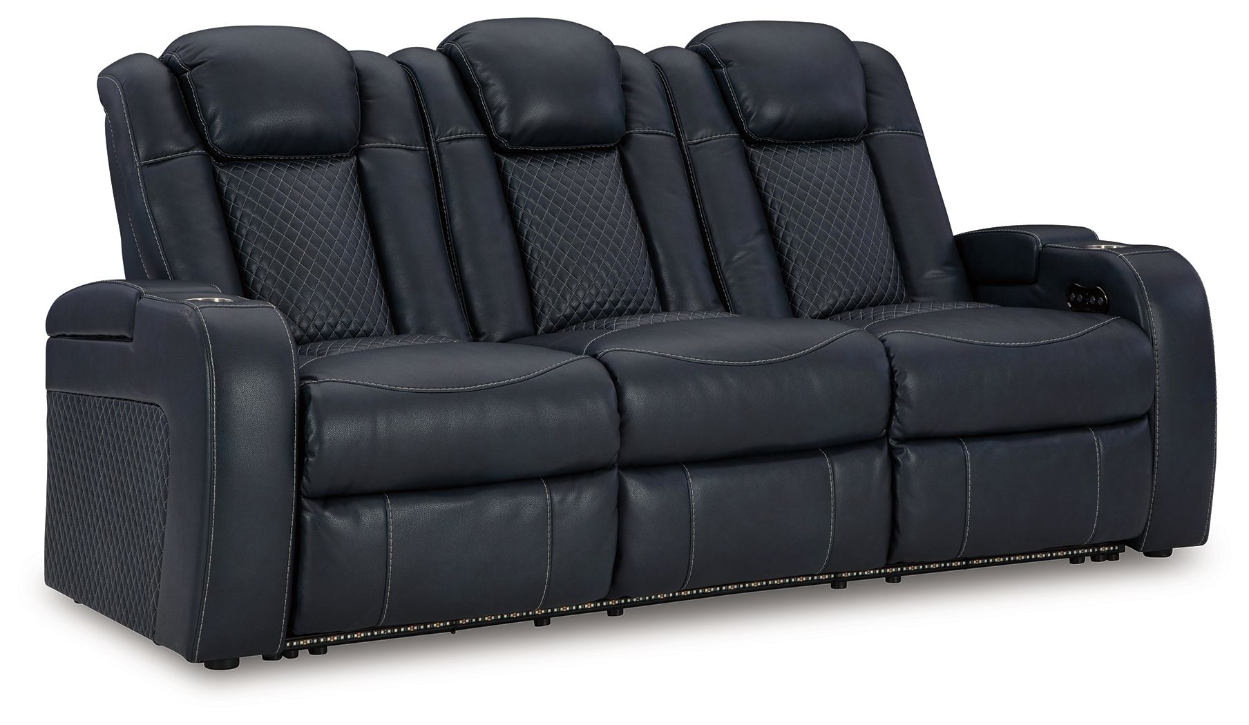 Dark gray reclining living room set recliner sofa with tufted back and blue-lit base