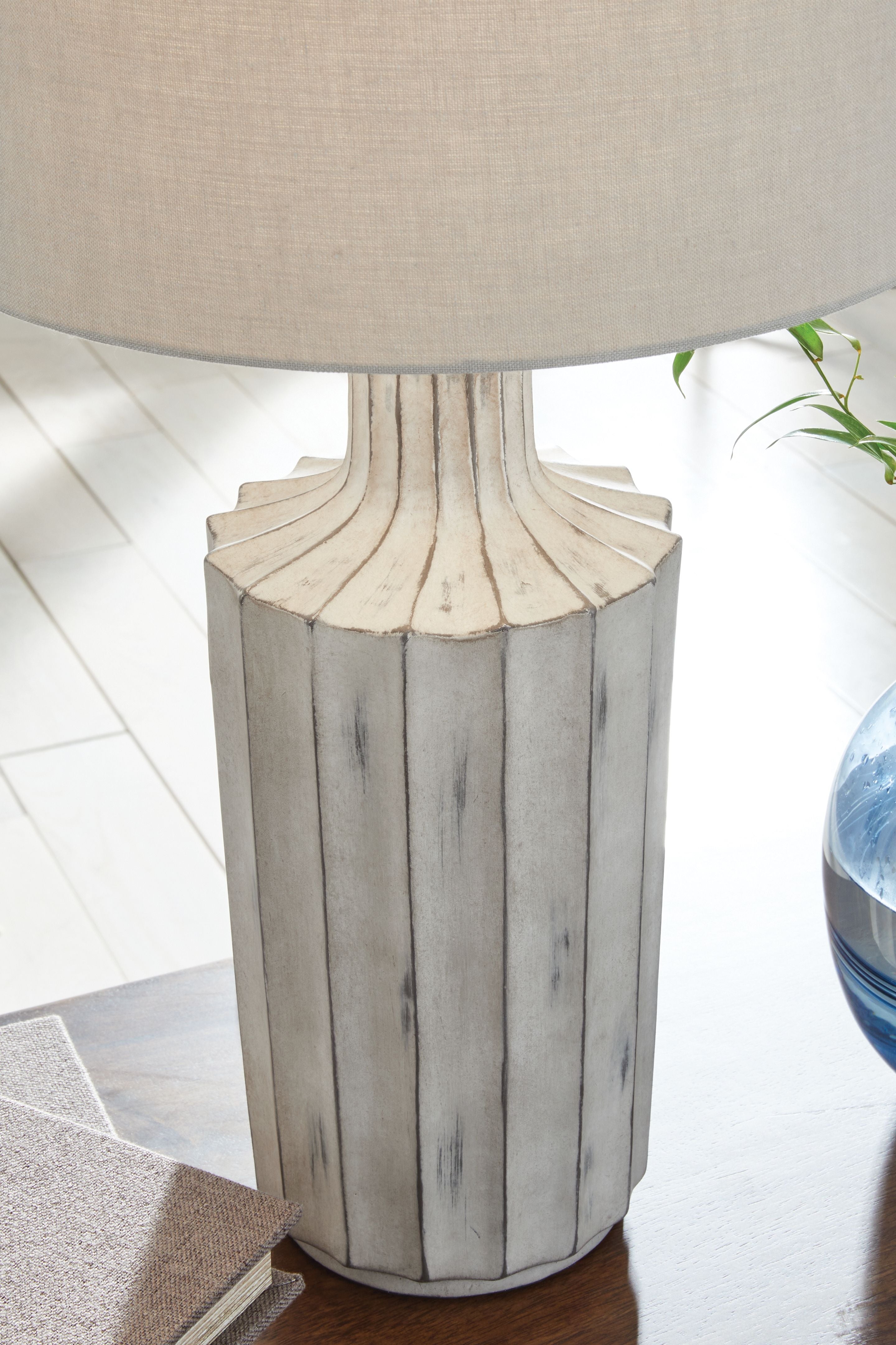 Imre poly table lamp with scalloped neck and beige drum shade