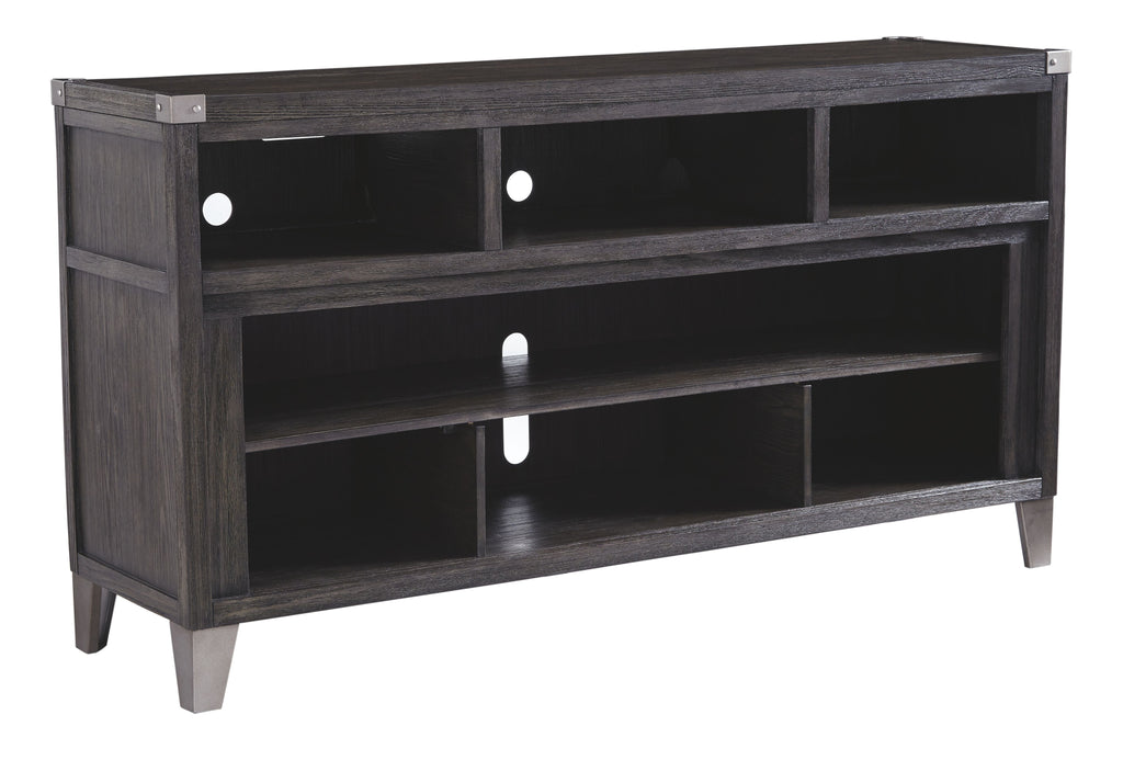 Gray TV stand with two open shelves and three media compartments