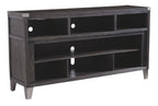 Gray TV stand with two open shelves and three media compartments