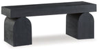Black accent bench with rectangular seat and block-style end legs