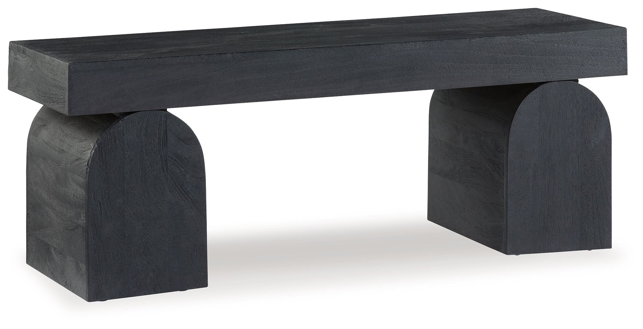 Black accent bench with rectangular seat and block-style end legs