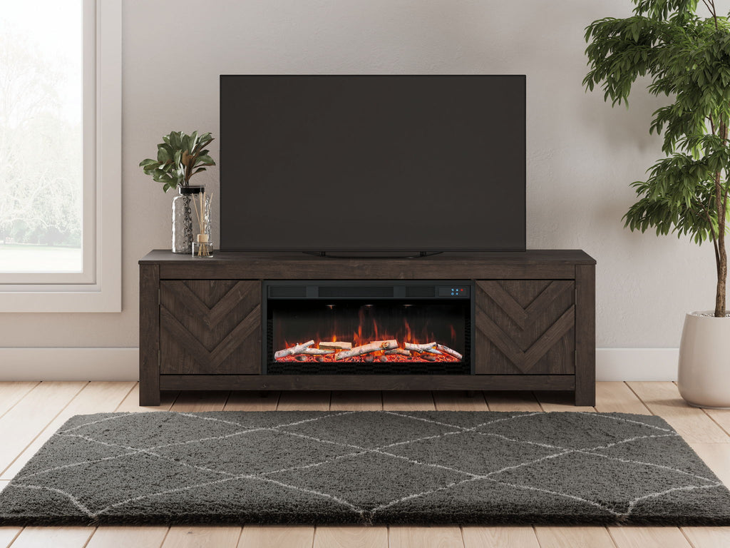 Dark TV stand with built-in fireplace, TV shelf top, chevron side panels