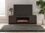 Dark TV stand with built-in fireplace, TV shelf top, chevron side panels