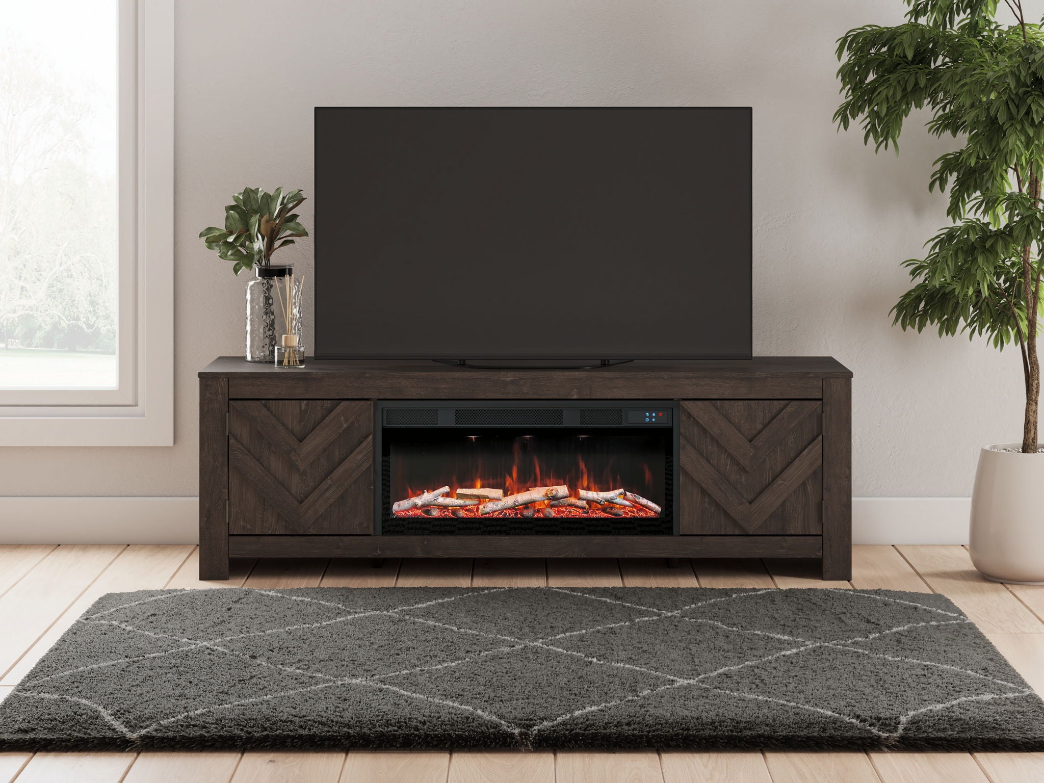 Dark TV stand with built-in fireplace, TV shelf top, chevron side panels
