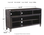 Gray TV stand front view with open cubbies and side legs
