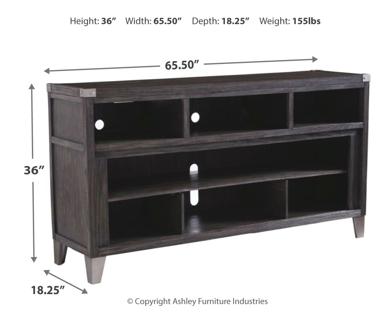Gray TV stand front view with open cubbies and side legs
