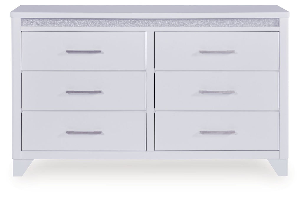 White dresser with gray textured top and six drawers, horizontal bar handles.