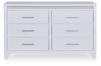 White dresser with gray textured top and six drawers, horizontal bar handles.