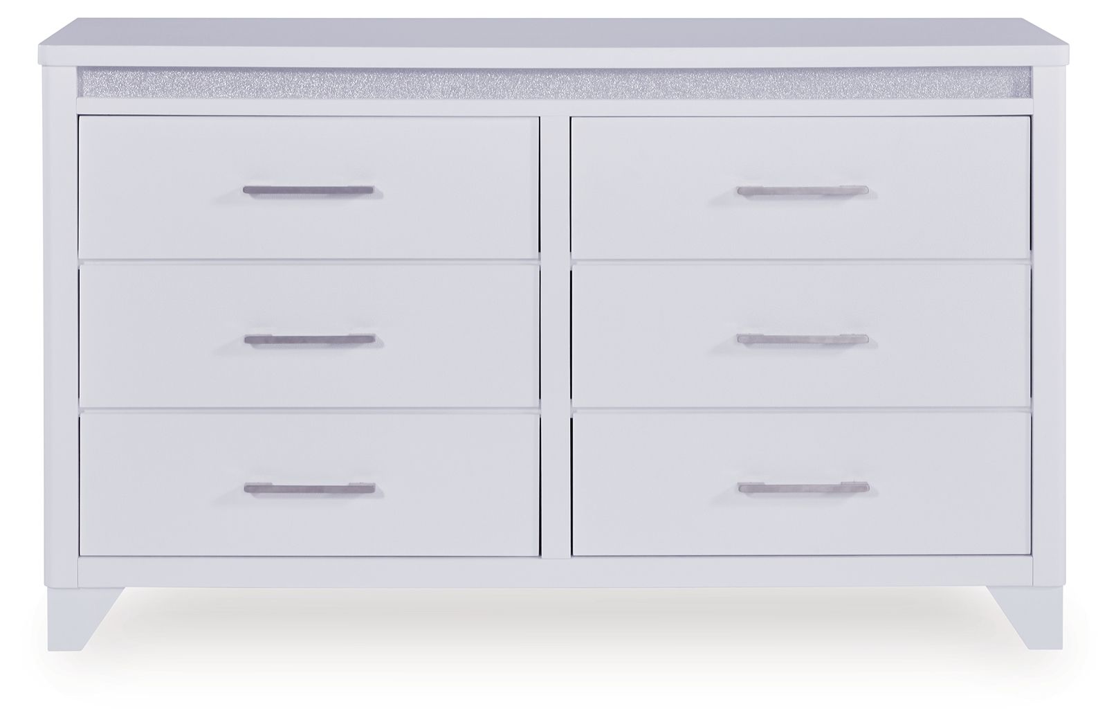 White dresser with gray textured top and six drawers, horizontal bar handles.