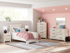 Beige panel bedroom set with bed, dresser, mirror, and matching nightstands