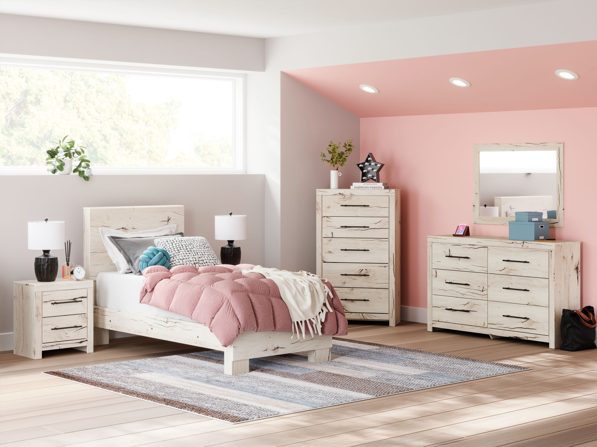 Beige panel bedroom set with bed, dresser, mirror, and matching nightstands