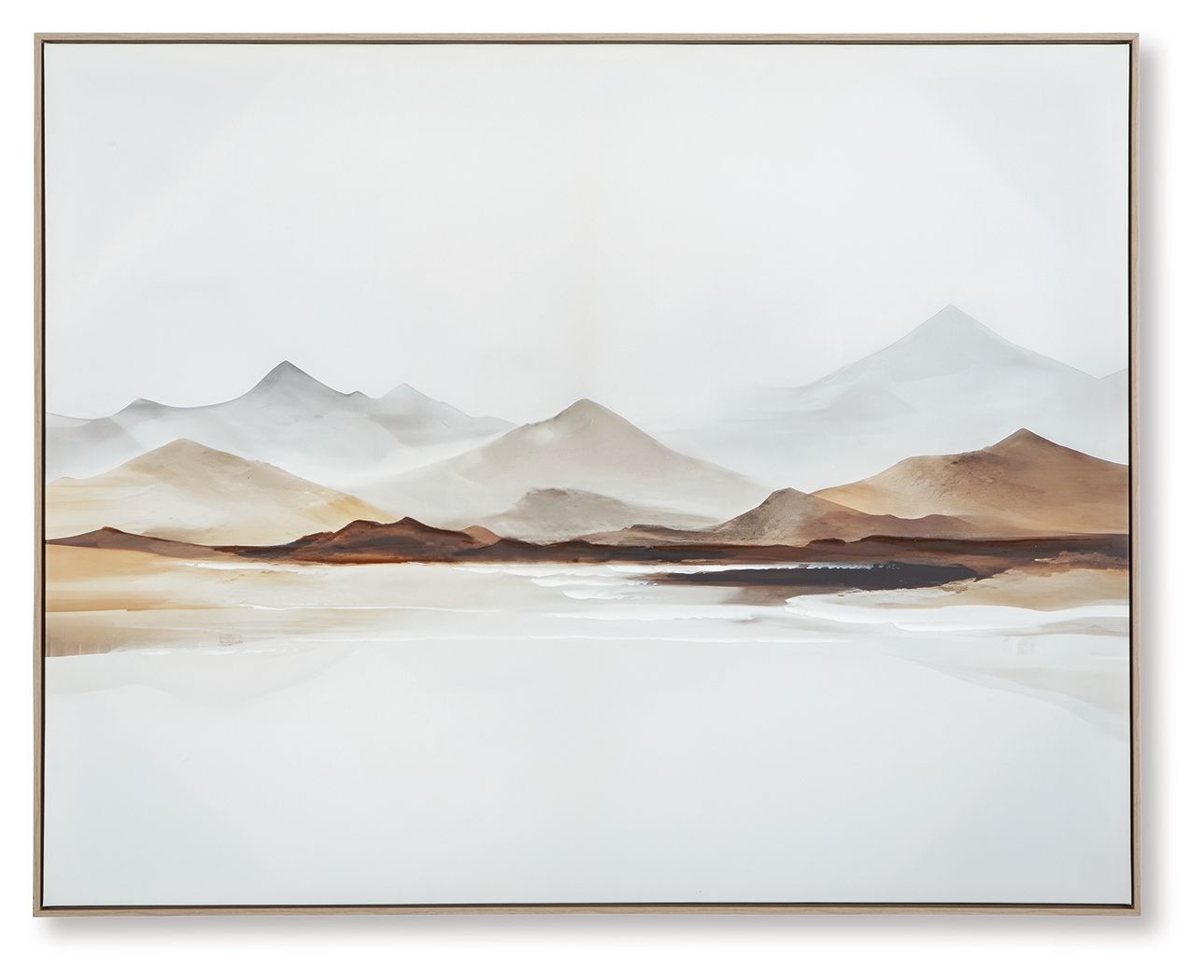 Framed mountain landscape wall art with misty peaks and pale desert colors