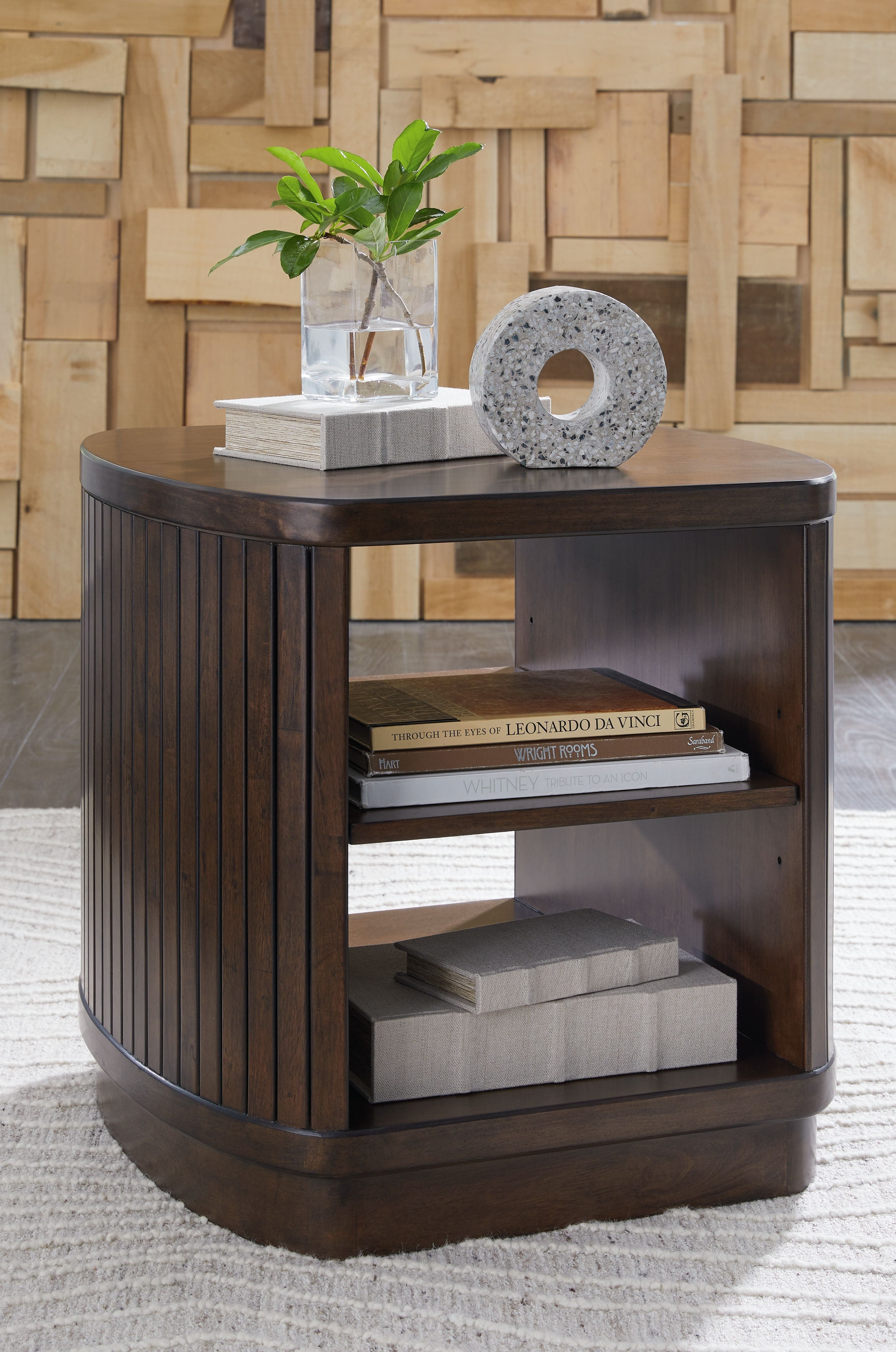Square end table with two open shelves, dark brown slatted sides and rounded frame