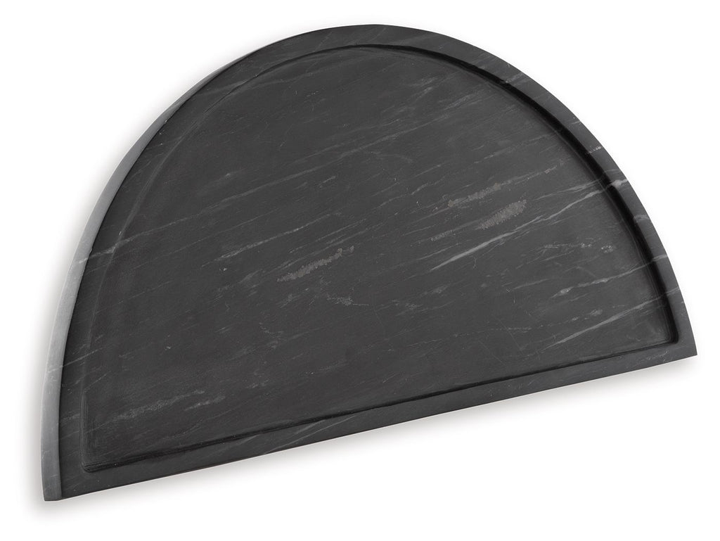 Black semicircle tray with smooth curved edge and dark marbled finish.