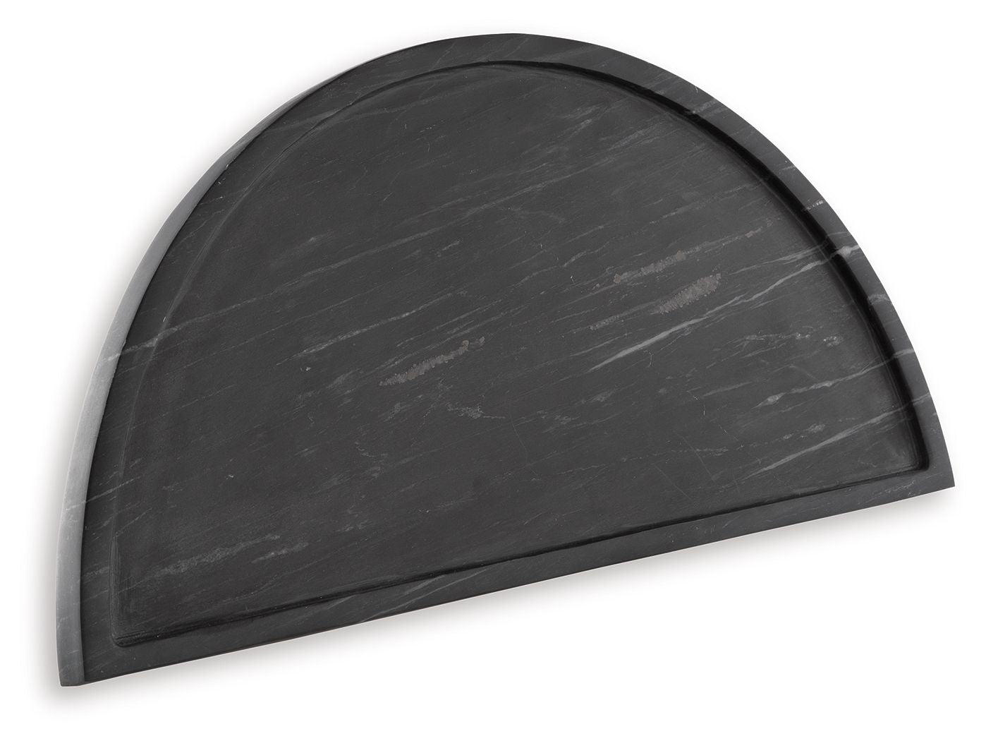 Black semicircle tray with smooth curved edge and dark marbled finish.