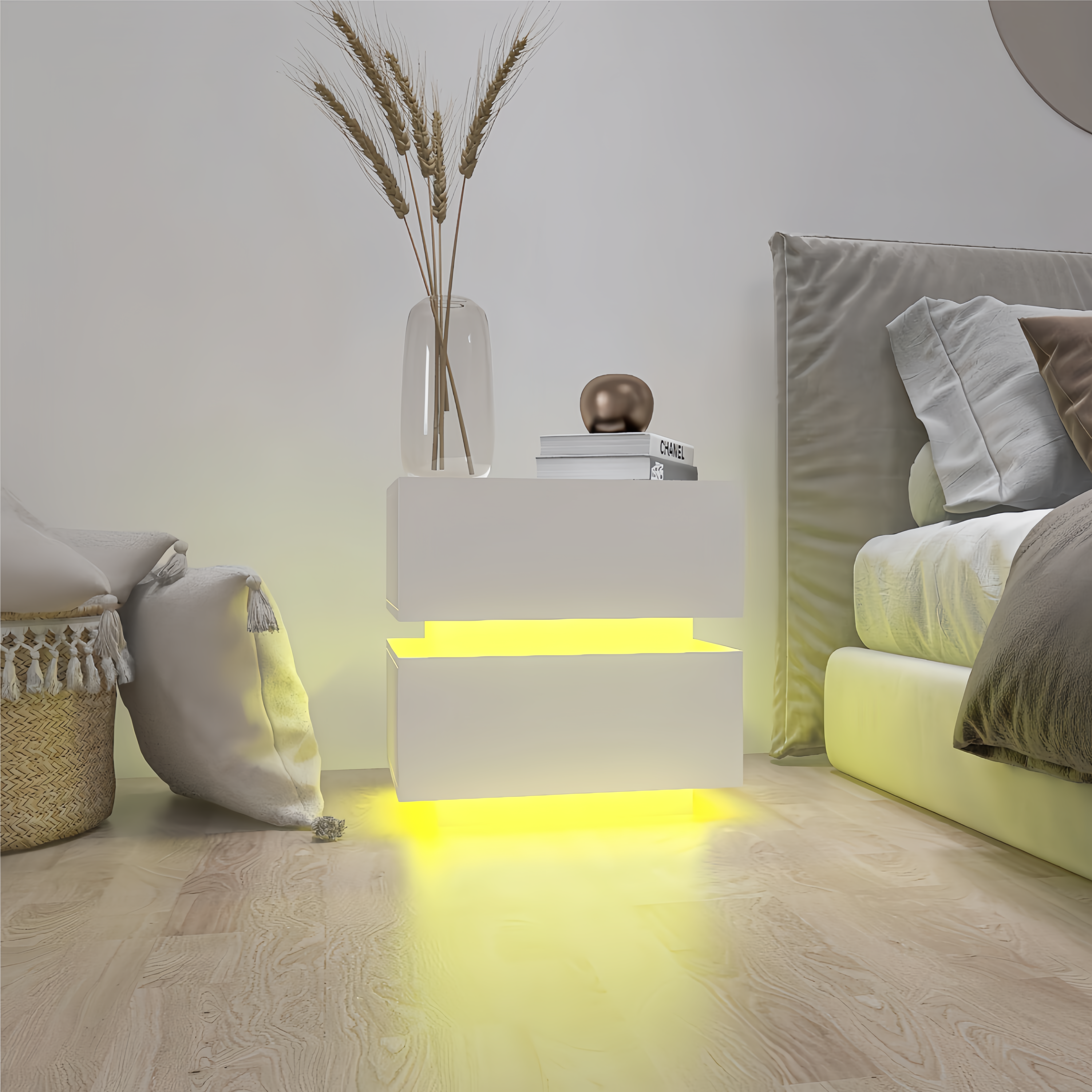 White High Gloss 2-Drawer LED Bedside Table Nightstand Bluetooth Control