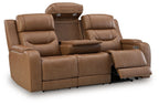 Light brown power reclining sofa with pull-out footrest and side control panel