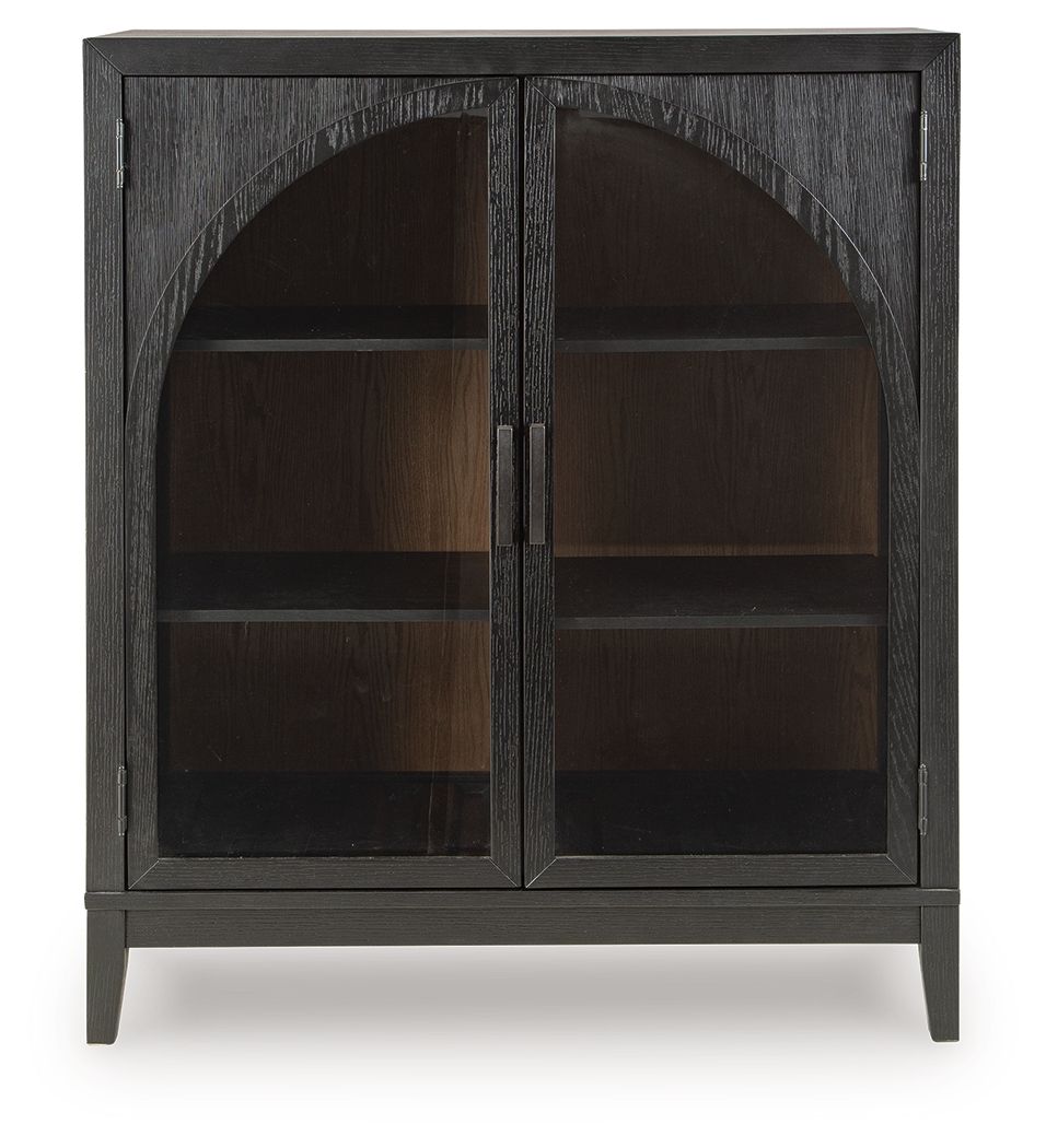 Black bar cabinet with arched double doors and dark interior shelves