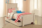 Beige headboard panel with cushioned upholstery on a bed frame