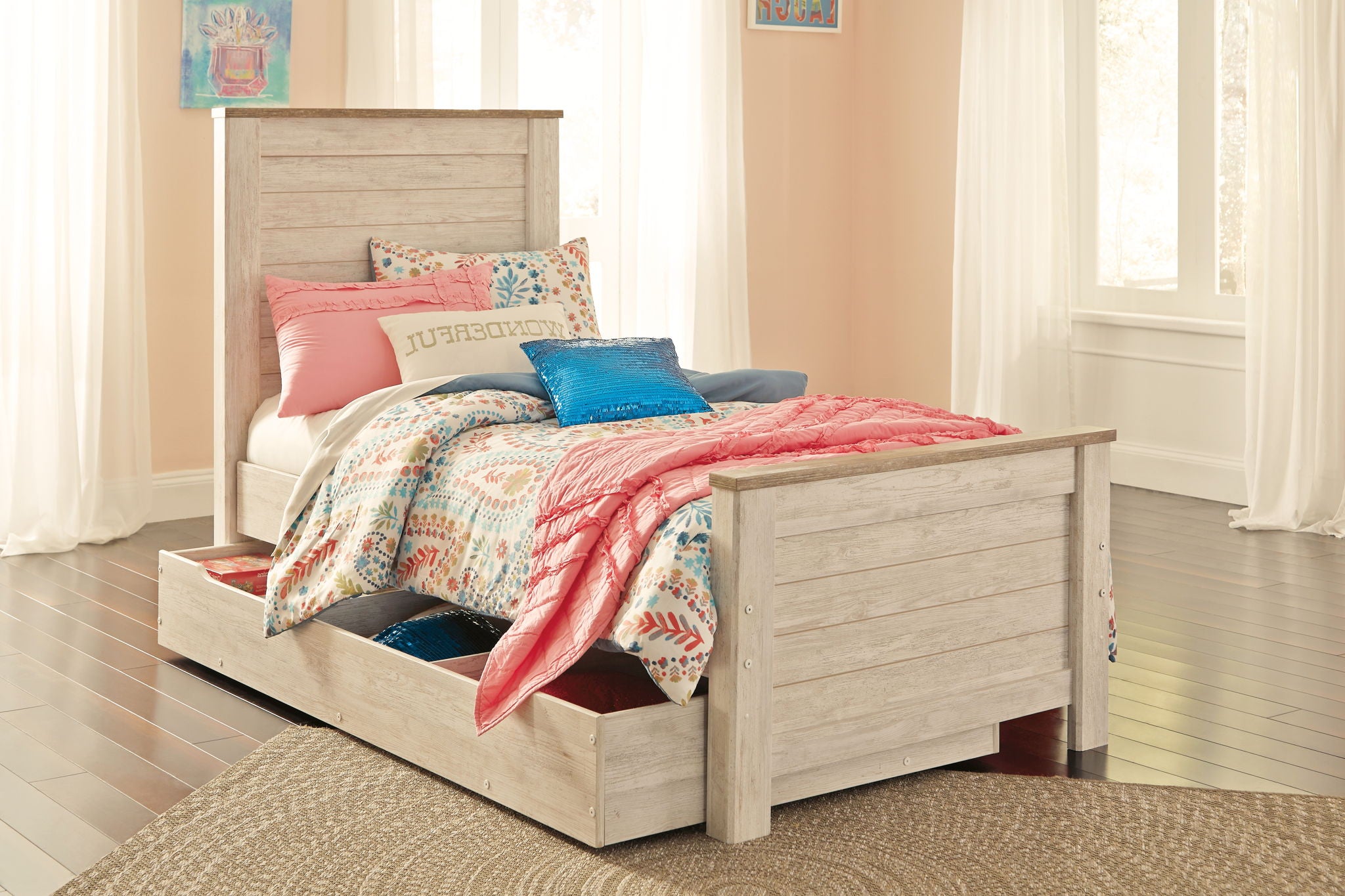 Beige headboard panel with cushioned upholstery on a bed frame