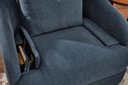 Swivel glider recliner chair in dark blue fabric, arm storage pocket with remote.