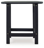 Outdoor end table in dark blue with slatted top and open lower shelf