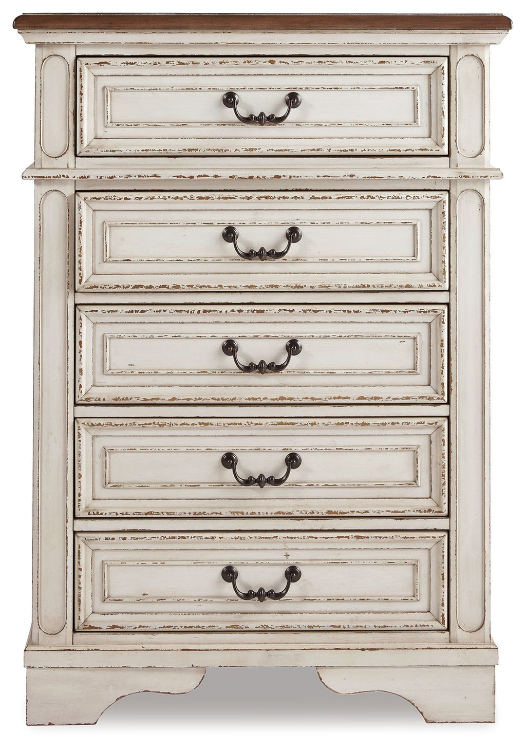 Chipped white chest of drawers with five drawers and decorative metal pulls