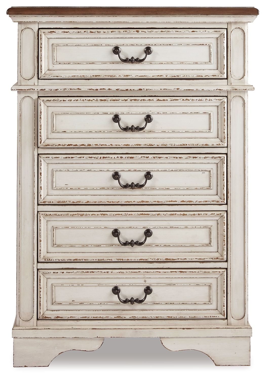 Chipped white chest of drawers with five drawers and decorative metal pulls
