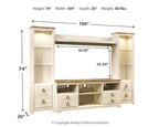 Beige entertainment center outline with side cabinets, shelves, and TV space