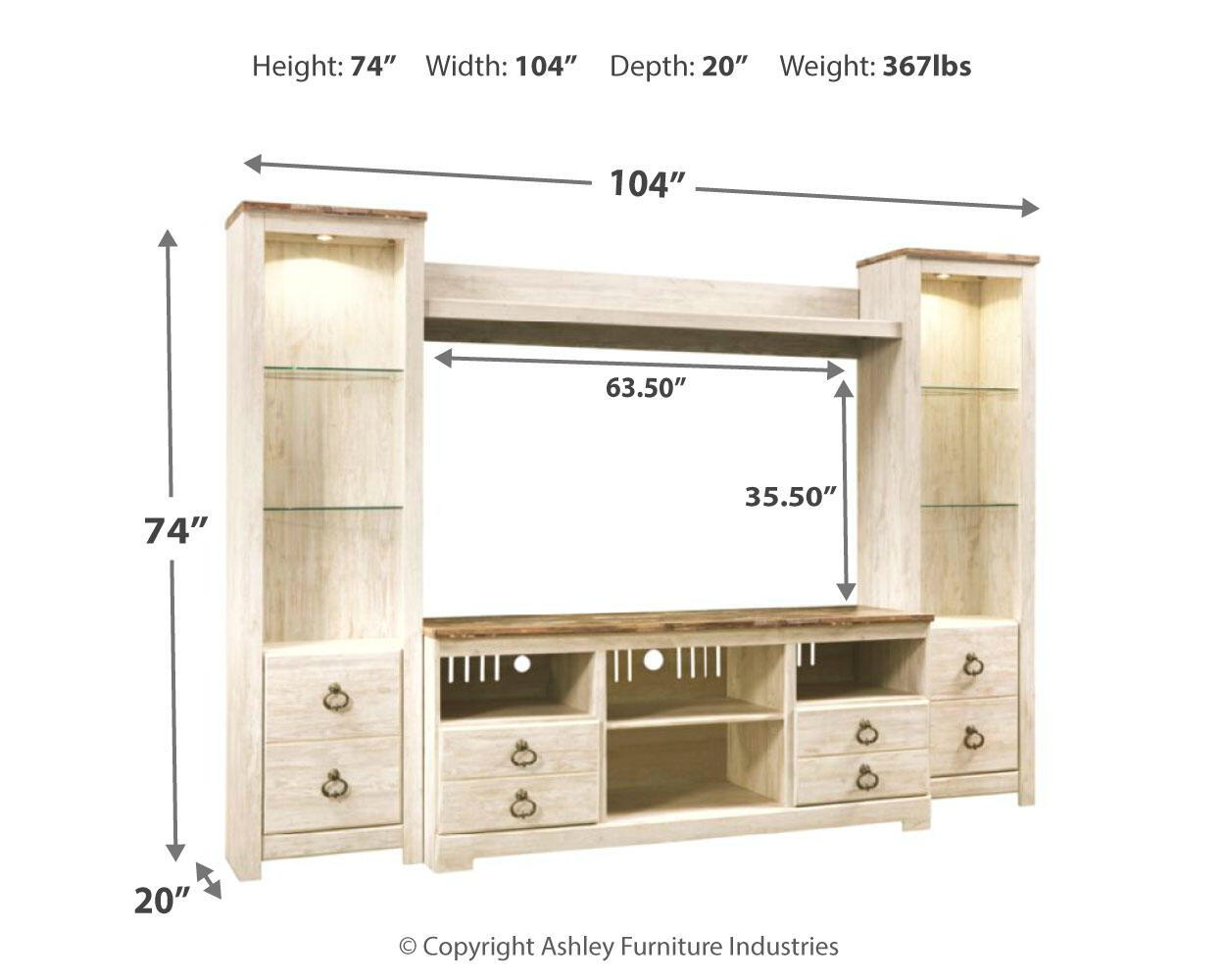 Beige entertainment center outline with side cabinets, shelves, and TV space