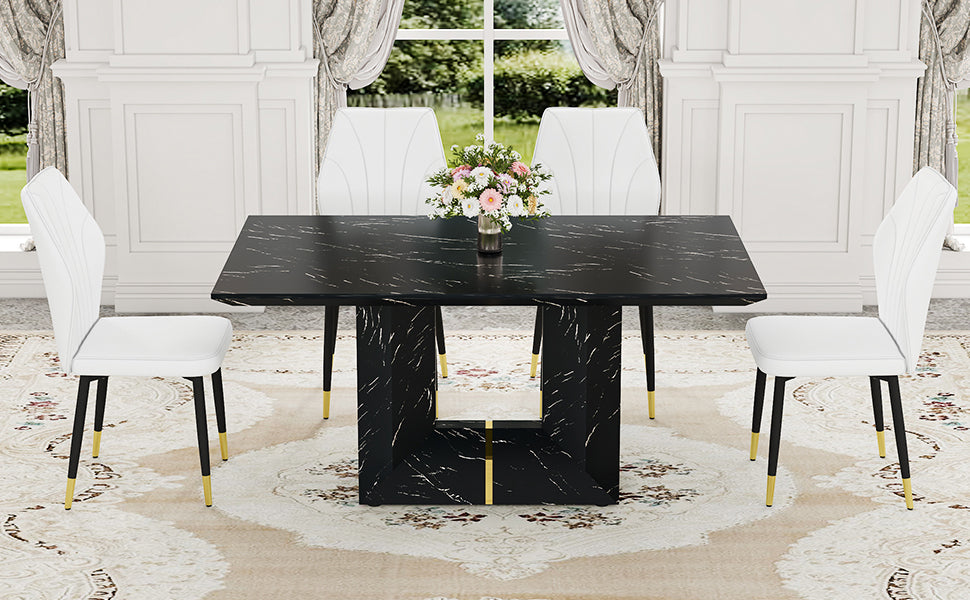 Black Marble Dining Set w/ 4 White Chairs