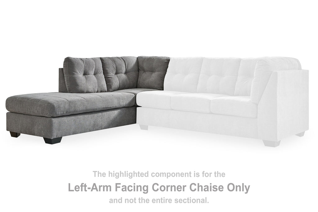Gray left-arm facing corner chaise component with tufted seat and back, dark legs