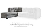 Gray left-arm facing corner chaise component with tufted seat and back, dark legs