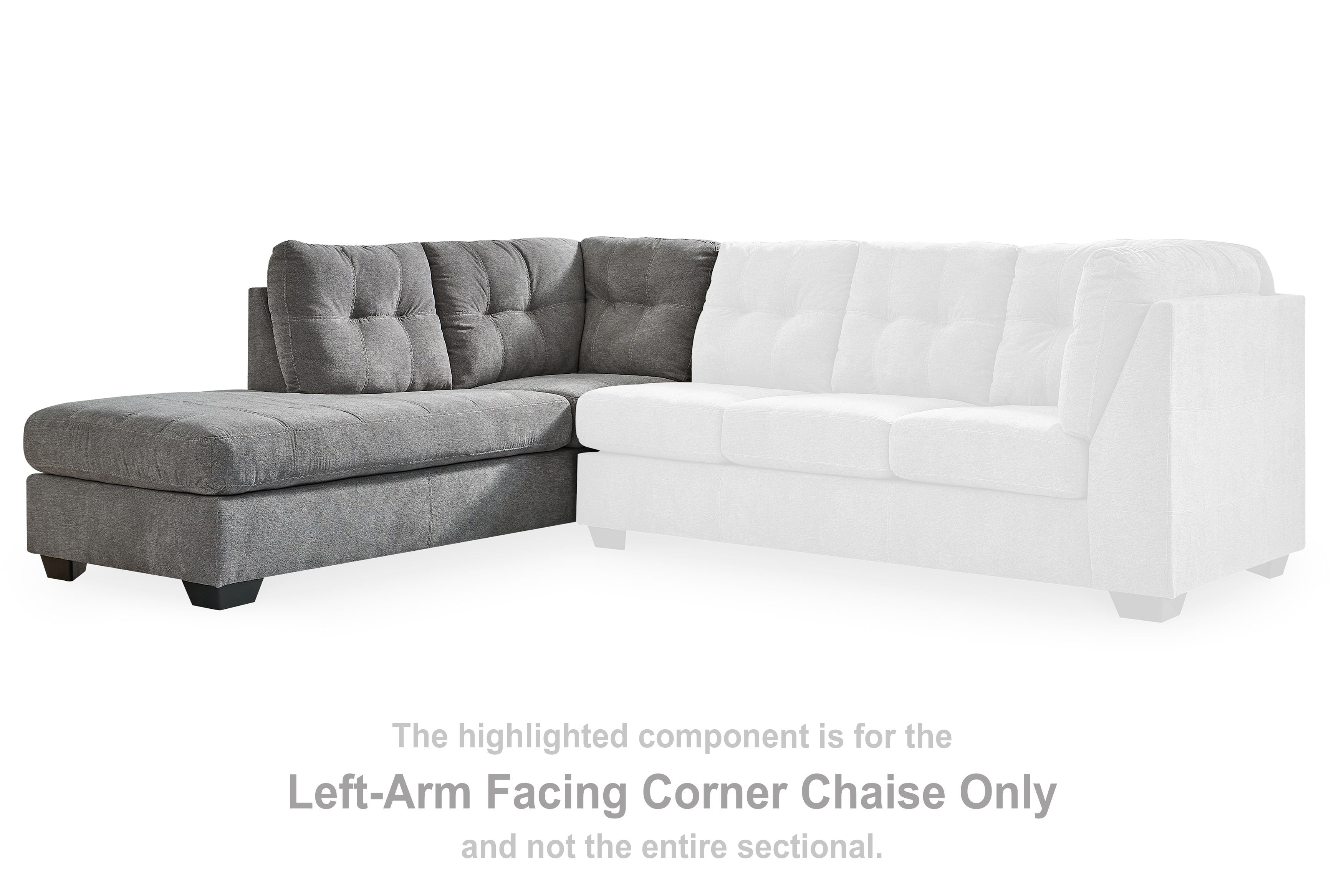 Gray left-arm facing corner chaise component with tufted seat and back, dark legs