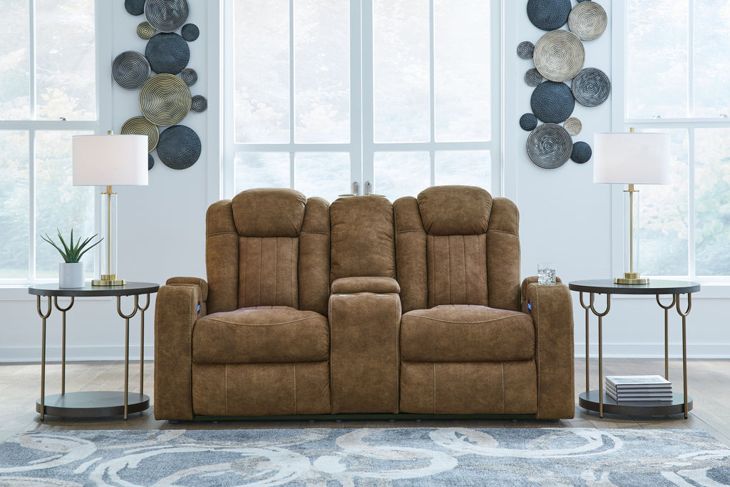 Brindle brown power reclining loveseat with padded arms and split back cushions
