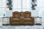 Brindle brown power reclining loveseat with padded arms and split back cushions
