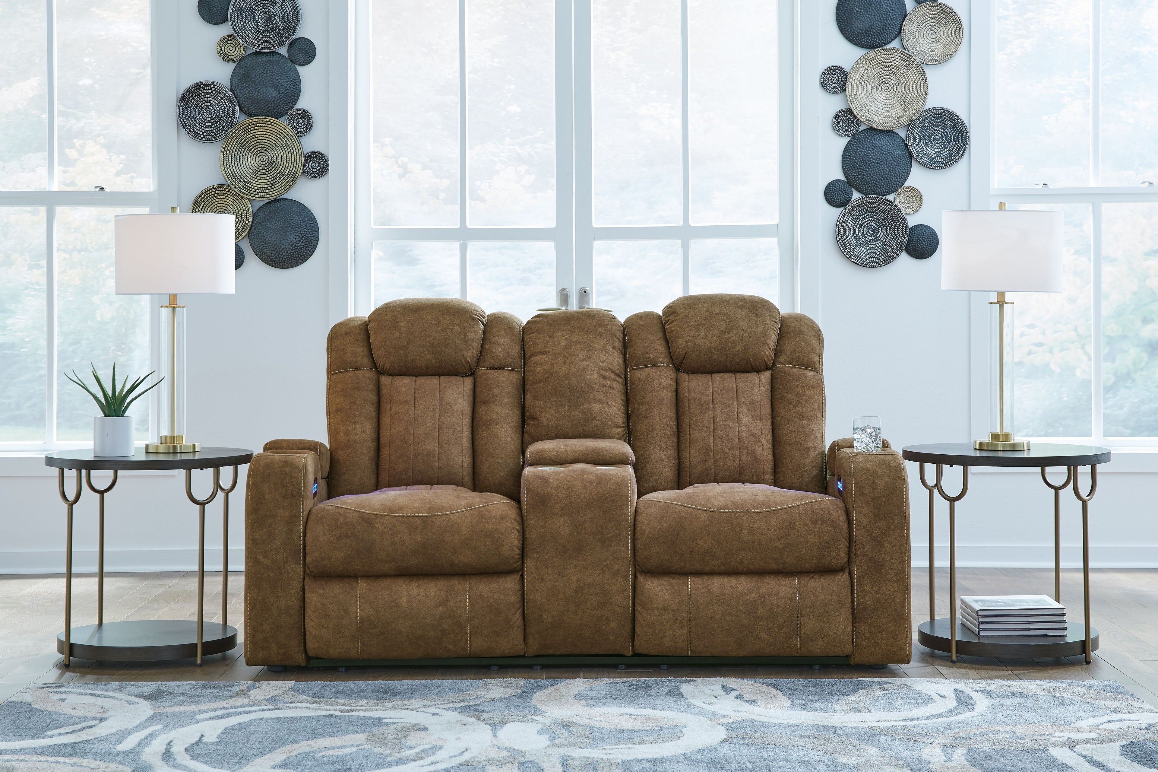 Brindle brown power reclining loveseat with padded arms and split back cushions
