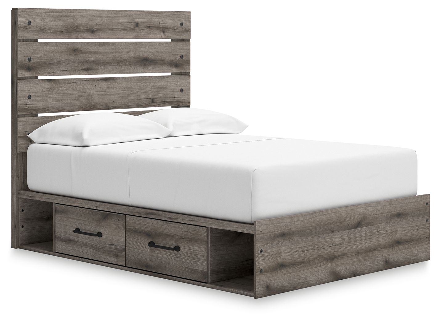 Dark gray storage bed with slatted headboard and two front drawers, open panel frame