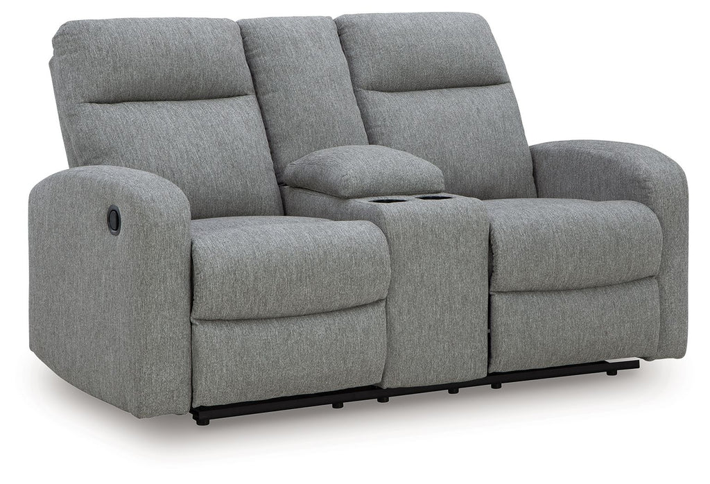 Gray double recline loveseat with padded armrests and two adjustable seat sections