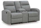 Gray double recline loveseat with padded armrests and two adjustable seat sections