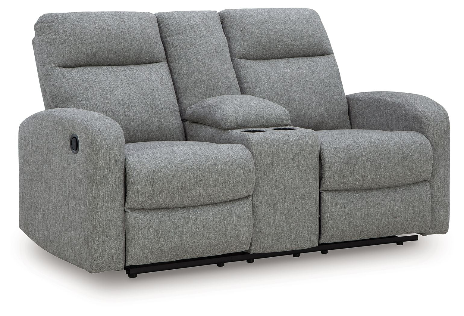 Gray double recline loveseat with padded armrests and two adjustable seat sections