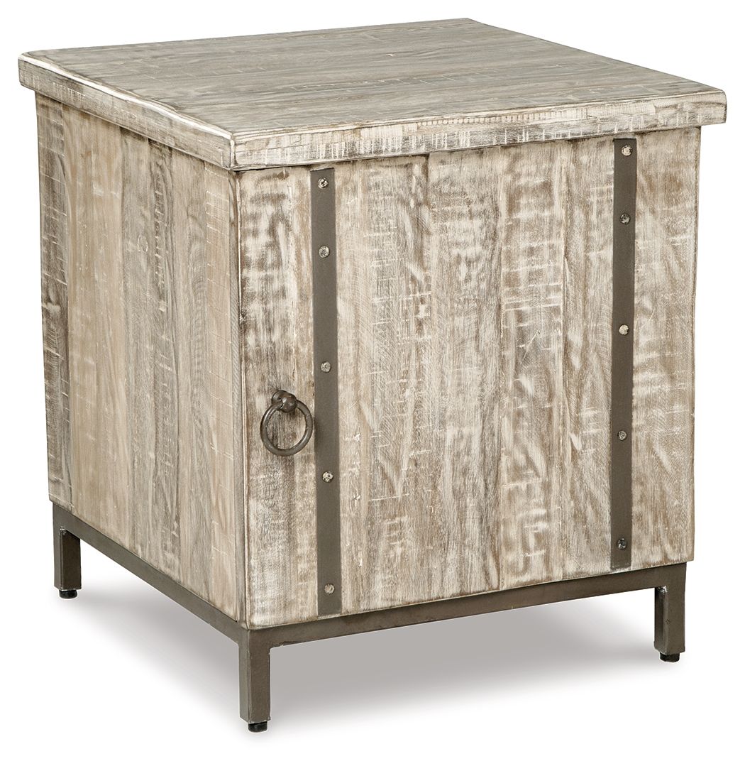 Whitewashed accent cabinet with square top, vertical metal hardware, and four corner legs