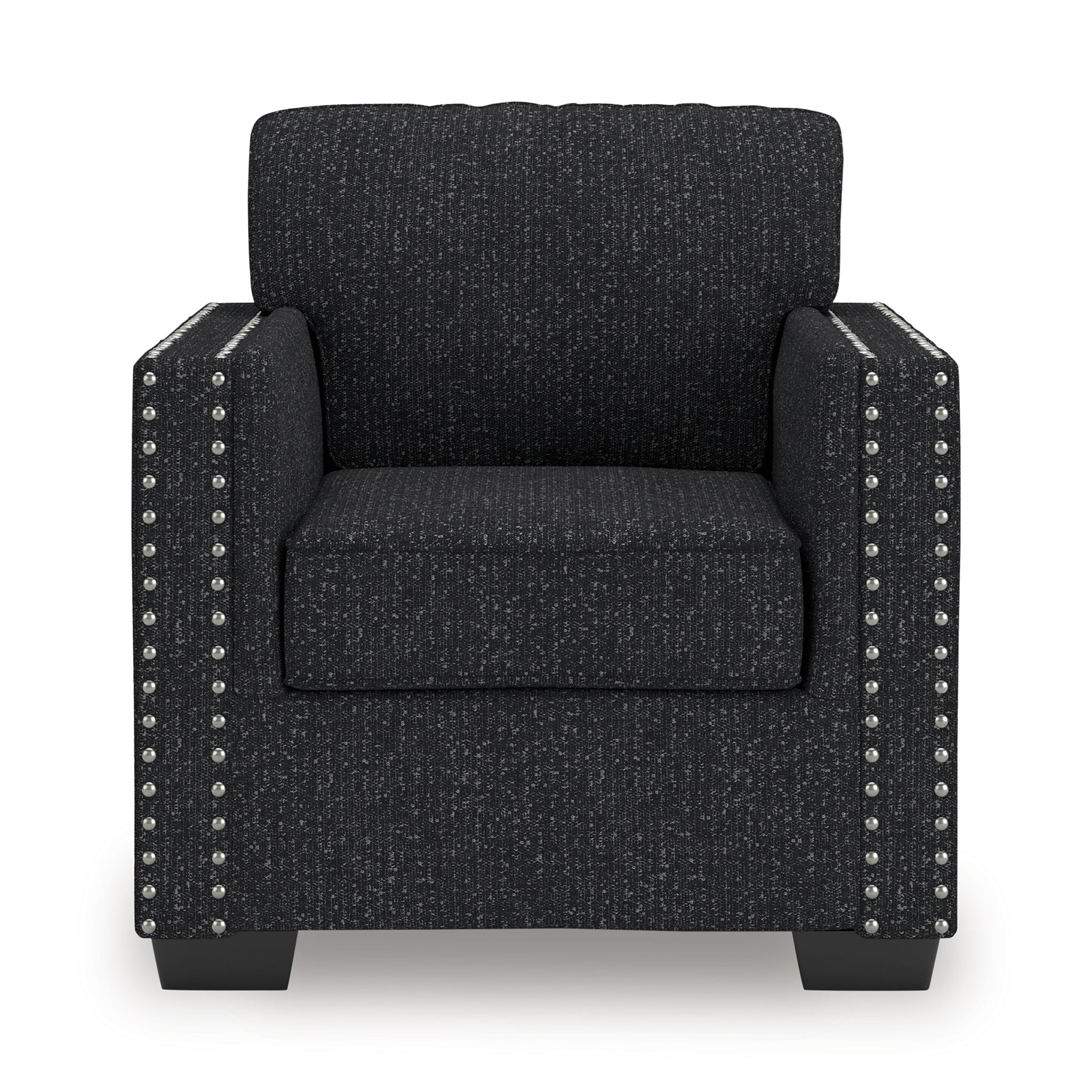 Dark charcoal upholstered armchair with square arms, seat cushion, and silver nailhead trim.