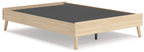 Platform bed base with light wood frame and dark slat interior, tapered legs