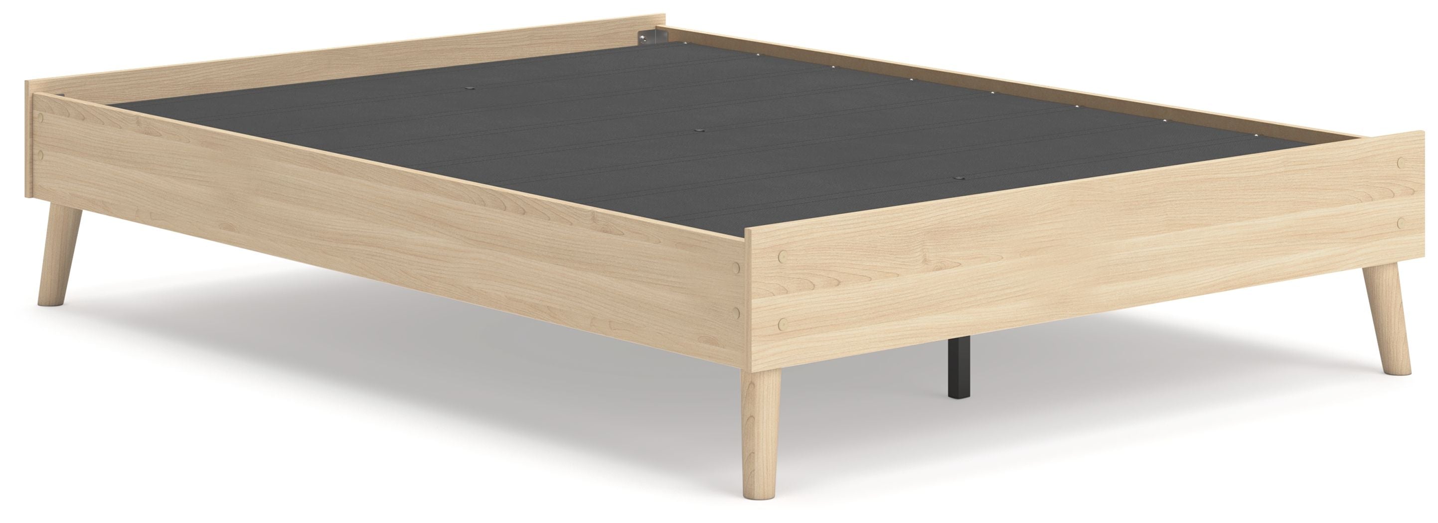 Platform bed base with light wood frame and dark slat interior, tapered legs
