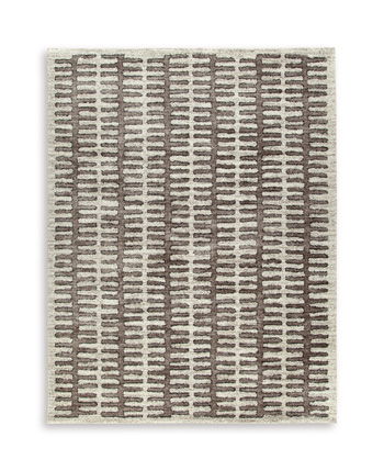 Patterned rug with dark brown block grid and light beige background